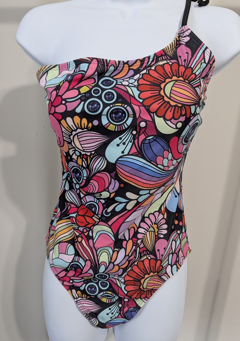 Women's Black Multicolor Floral One-Piece One Shoulder Swimsuit